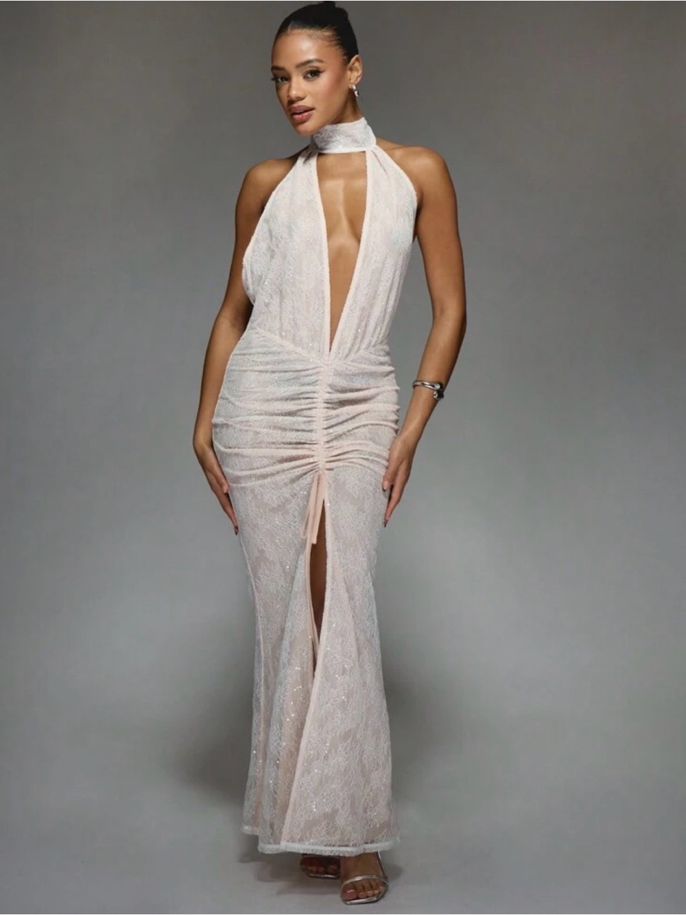 Halter Neck Ruched Sheer Evening Gown in Light Pink